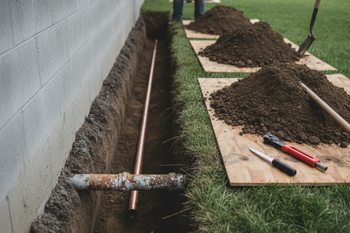 Excavated water line trench during Sewer Line Repair in Conley